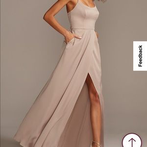 Davids Bridal Crepe-Back Satin Spaghetti Strap Bridesmaid Dress - Biscotti, sz 2